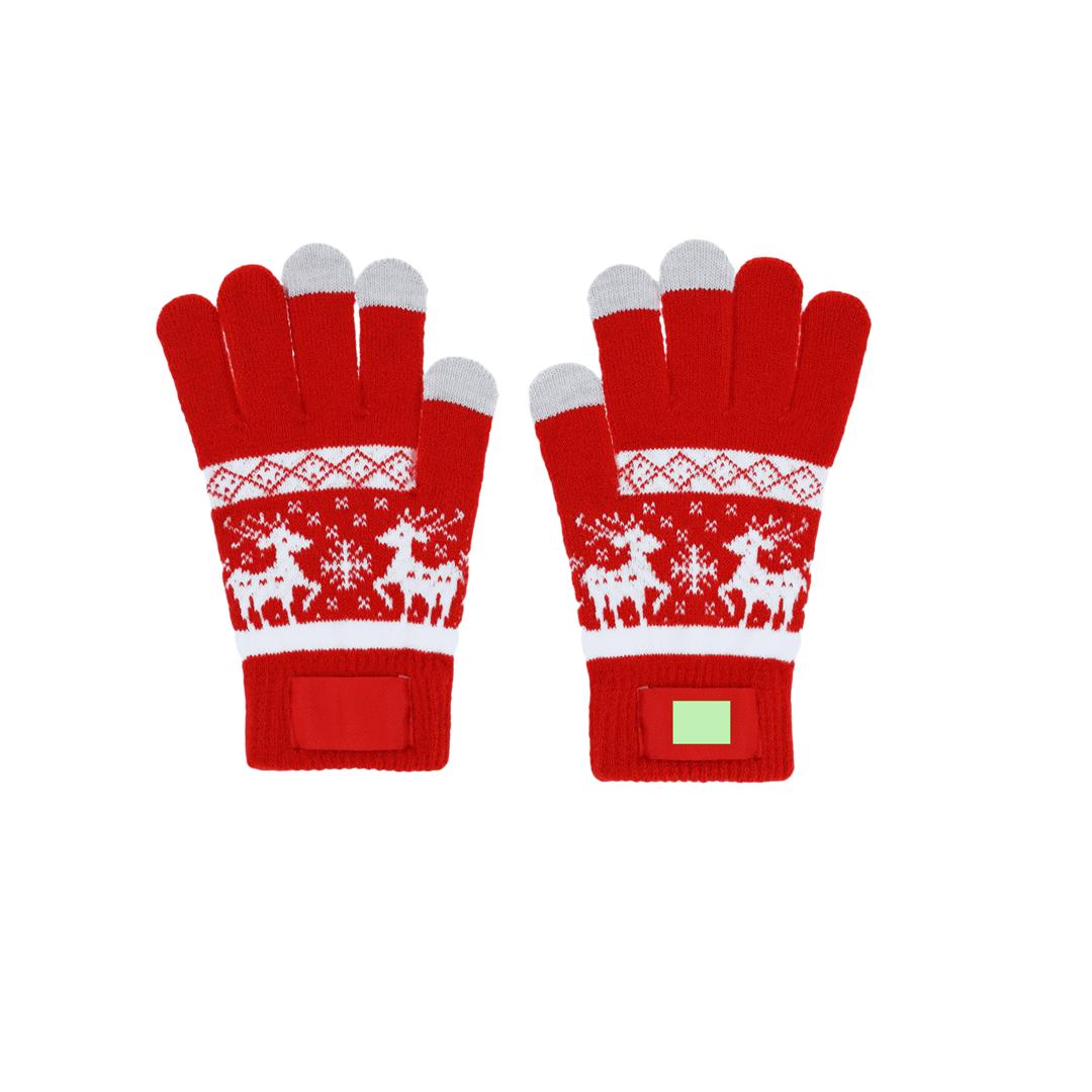 Guantes táctiles navideños Kainex — acrílico suave con motivos navideños, función táctil en corazón, índice y pulgar, etiqueta especial para marcaje