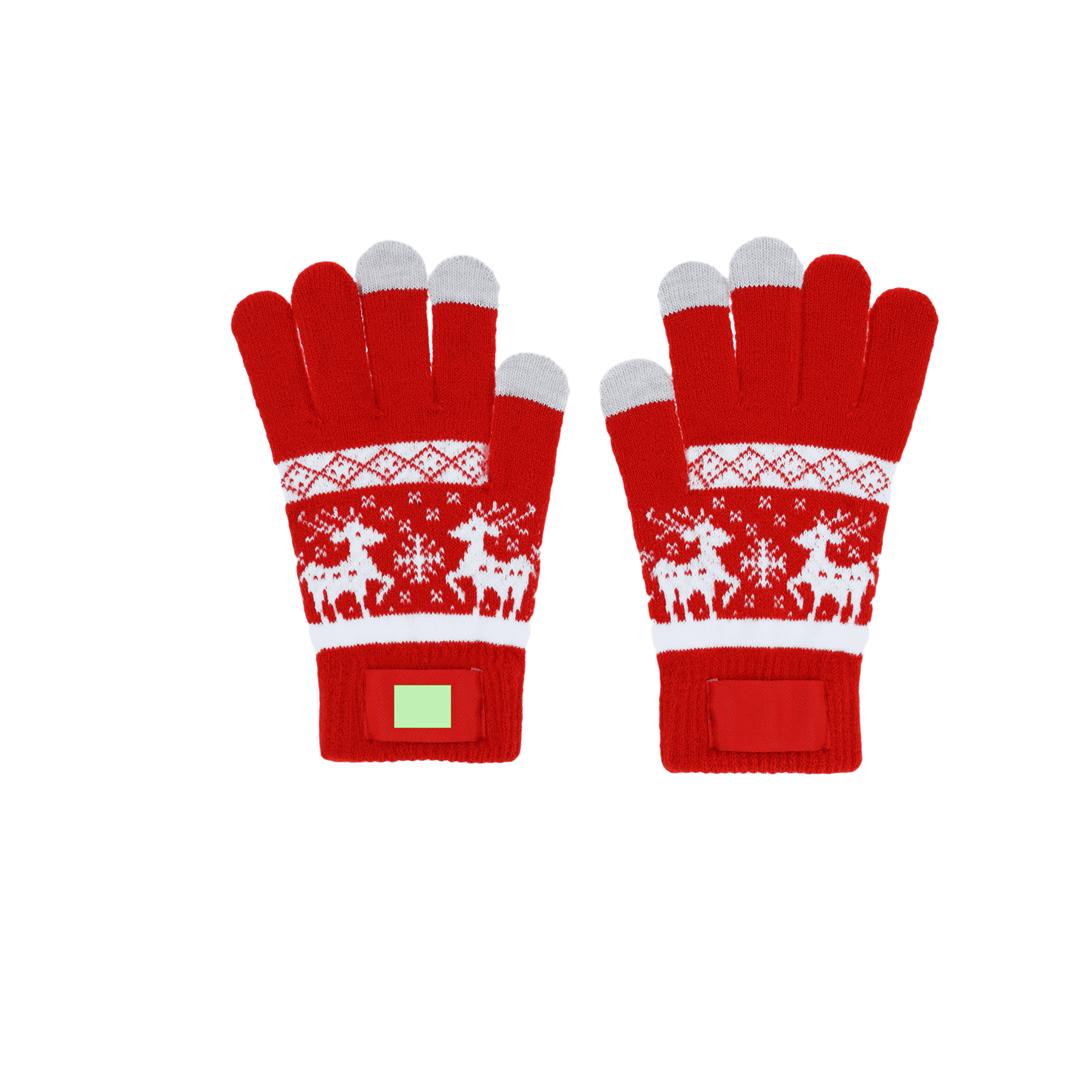 Guantes táctiles navideños Kainex — acrílico suave con motivos navideños, función táctil en corazón, índice y pulgar, etiqueta especial para marcaje