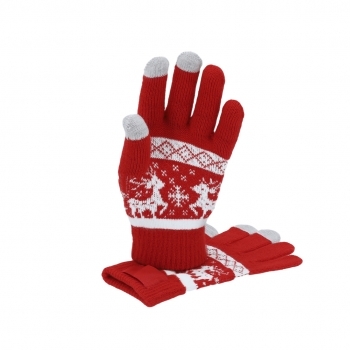Guantes táctiles navideños Kainex — acrílico suave con motivos navideños, función táctil en corazón, índice y pulgar, etiqueta especial para marcaje