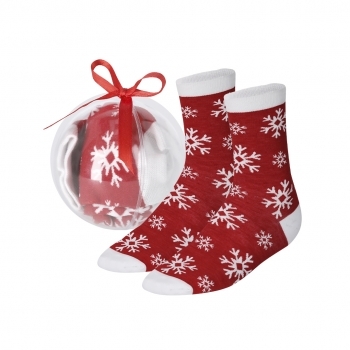 Calcetines navideños Scrubit en bola de navidad — poliéster suave con motivos navideños, presentación en bola transparente con lazo rojo, tallas S-M y L-XL