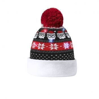Gorro navideño LED Plumex — acrílico con 6 LEDs de colores y pom pom, 3 posiciones de luz fija e intermitente, pila botón incluida