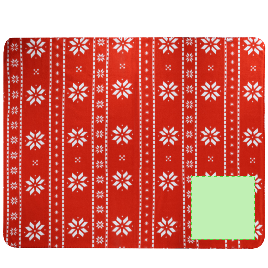 Manta navideña Yalanny RPET 200 g/m² — 130x160 cm roja con motivos en blanco, anti-pilling, distintivo RPET, presentada en cartón blanco con lazo