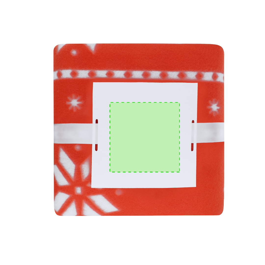 Manta navideña Yalanny RPET 200 g/m² — 130x160 cm roja con motivos en blanco, anti-pilling, distintivo RPET, presentada en cartón blanco con lazo
