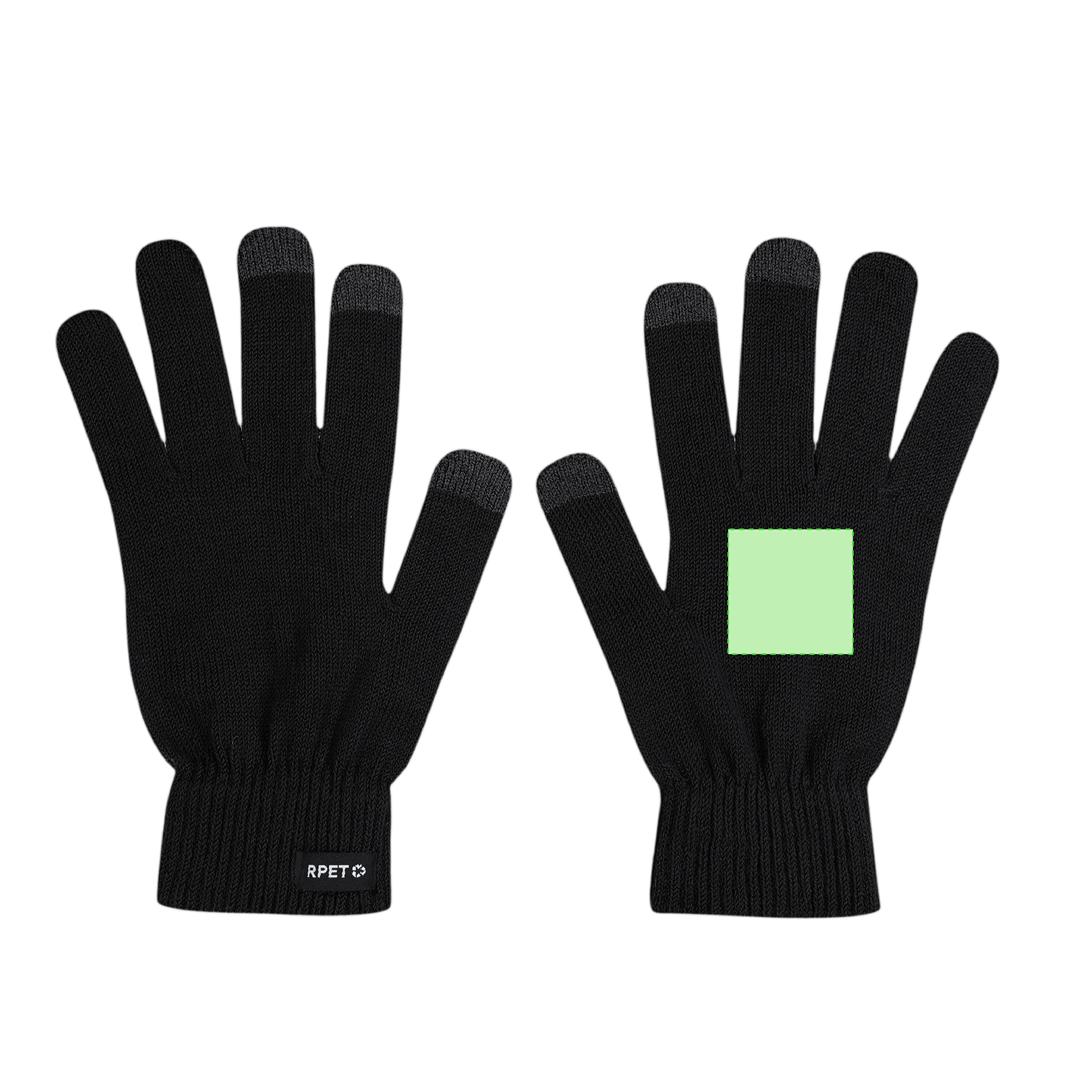 Par de guantes táctiles de poliéster RPET con función en tres dedos a color y distintivo RPET en etiqueta
