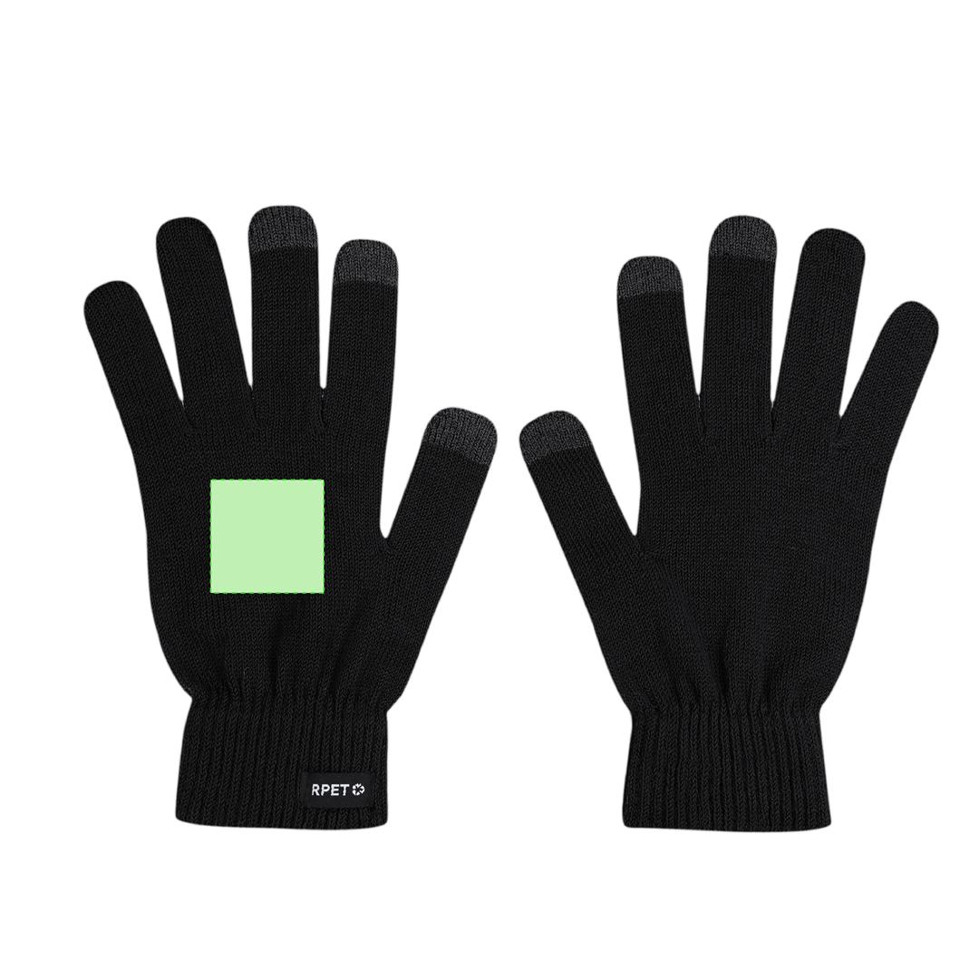 Par de guantes táctiles de poliéster RPET con función en tres dedos a color y distintivo RPET en etiqueta