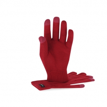 Par de guantes táctiles de poliéster RPET con función en tres dedos a color y distintivo RPET en etiqueta