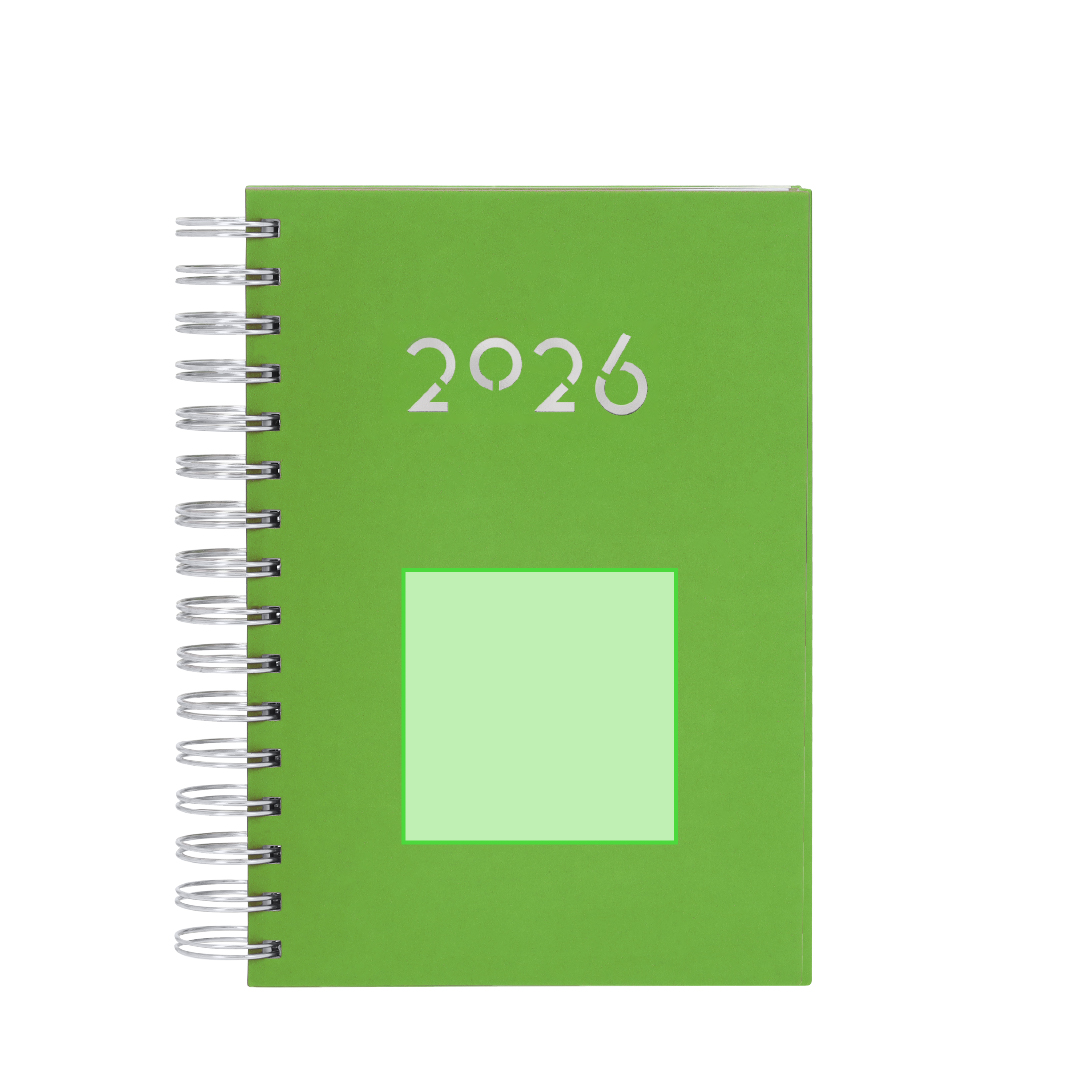 Agenda corporativa de PU con página por día y packaging de regalo