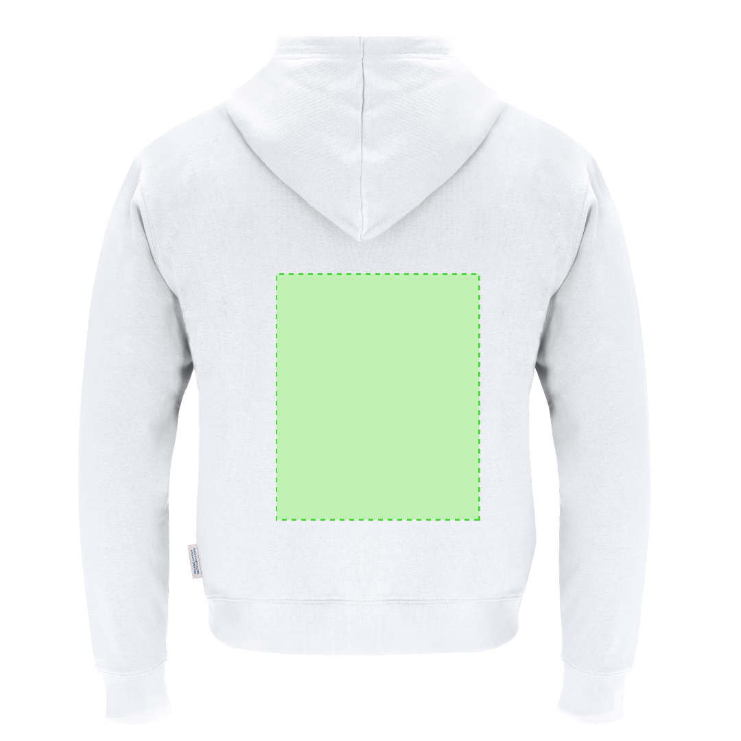 Sudadera Walder adulto con capucha y cremallera — 60% algodón orgánico / 40% RPET 280 g/m², cremallera oculta metálica y etiqueta eco