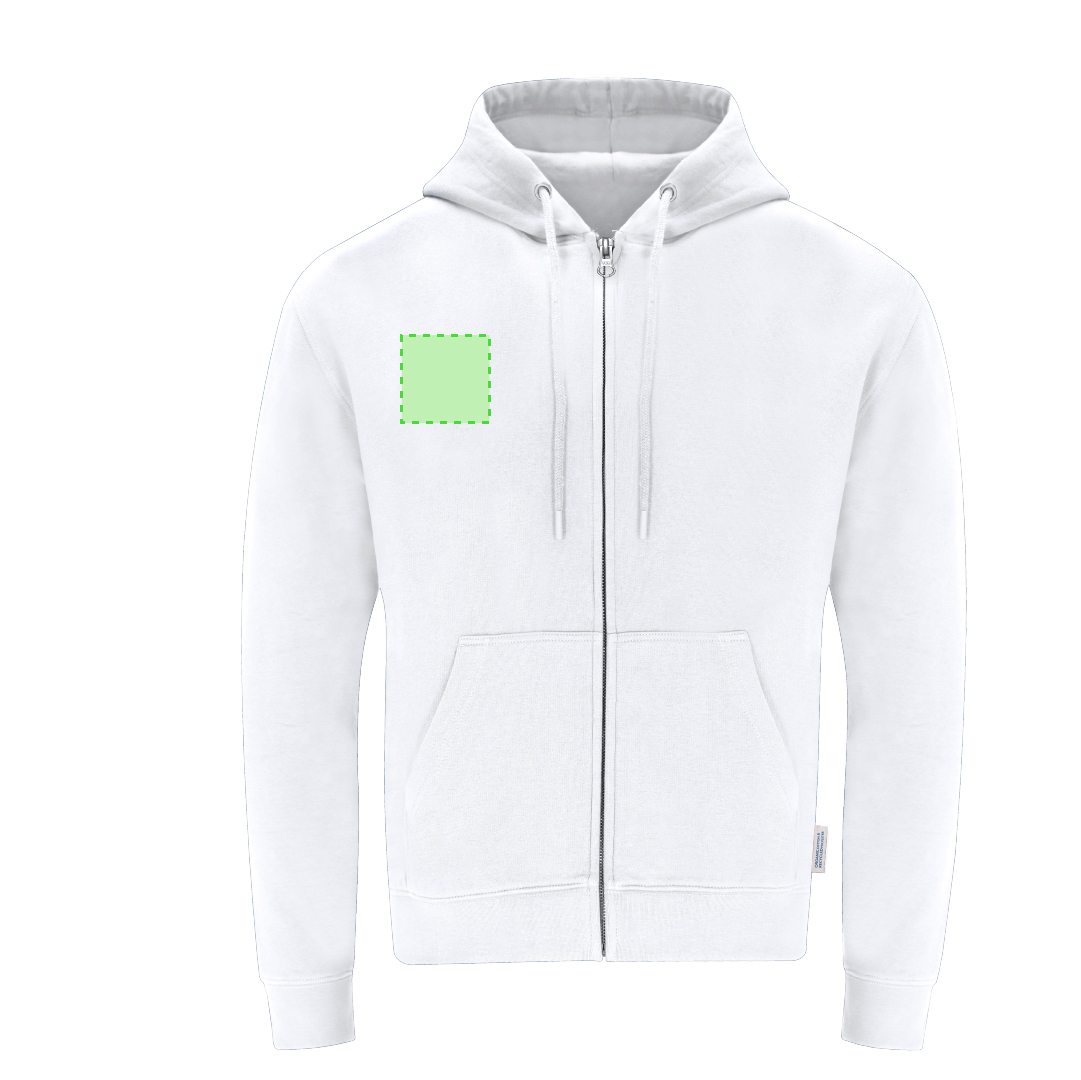 Sudadera Walder adulto con capucha y cremallera — 60% algodón orgánico / 40% RPET 280 g/m², cremallera oculta metálica y etiqueta eco