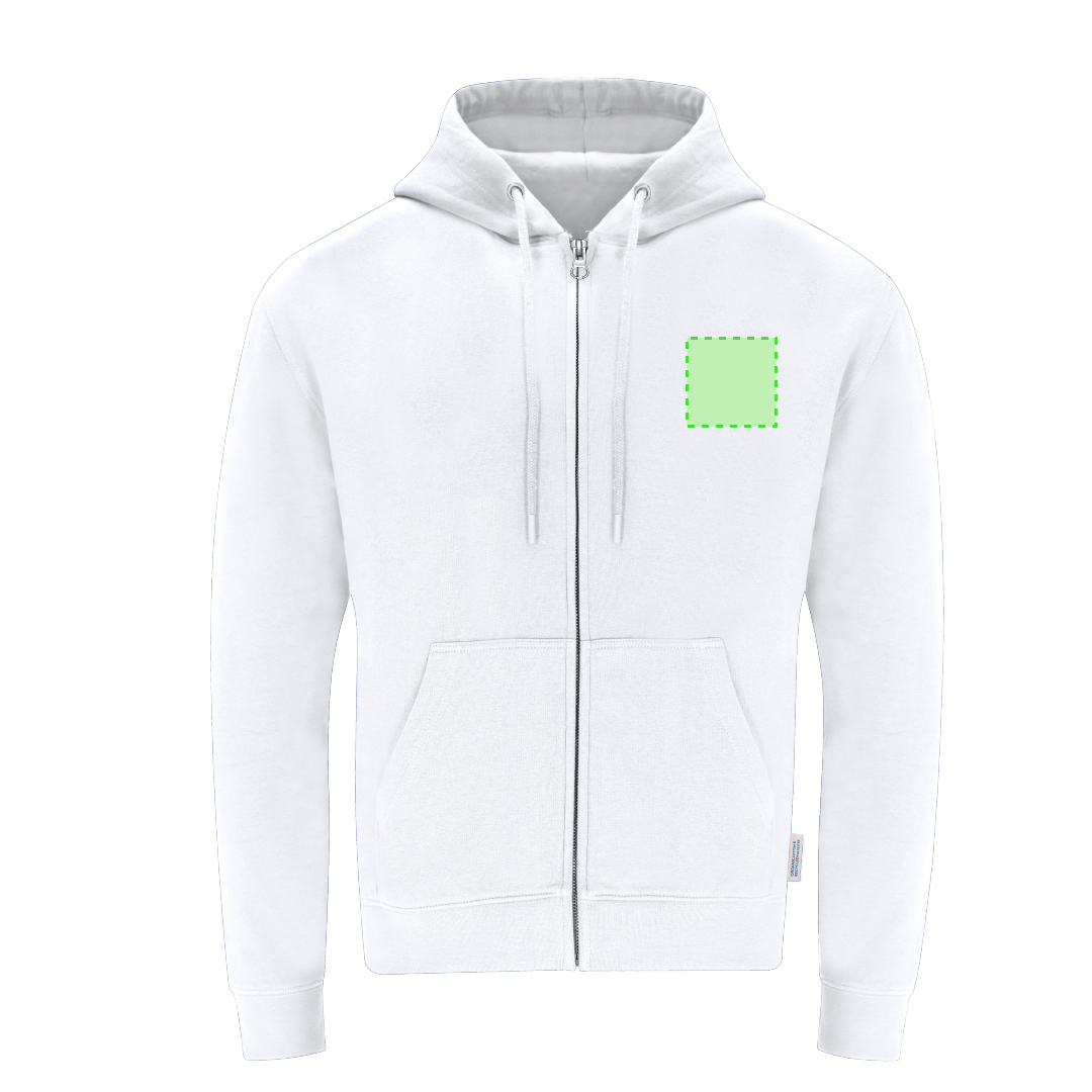 Sudadera Walder adulto con capucha y cremallera — 60% algodón orgánico / 40% RPET 280 g/m², cremallera oculta metálica y etiqueta eco