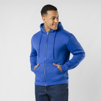 Sudadera Walder adulto con capucha y cremallera — 60% algodón orgánico / 40% RPET 280 g/m², cremallera oculta metálica y etiqueta eco