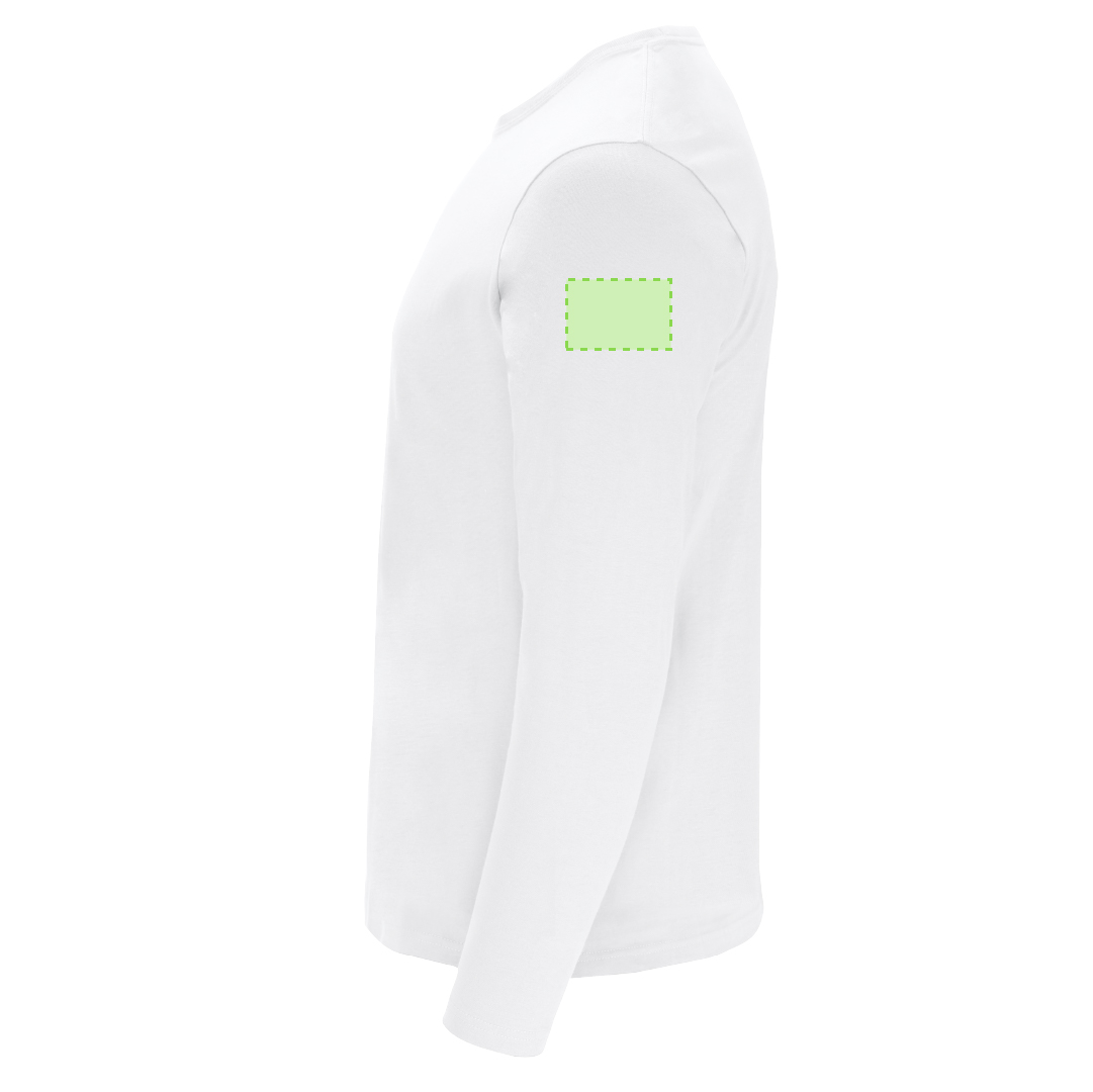 Camiseta Plint adulto manga larga blanca — 100% algodón Ring Spun 160 g/m², tubular con cuello canalé 1x1 y cubrecosturas reforzado