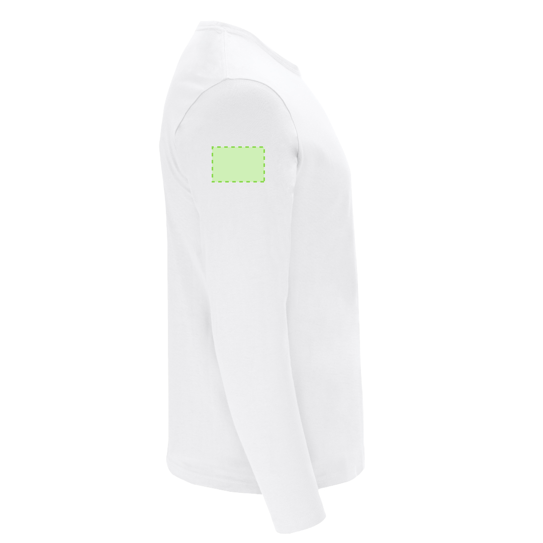 Camiseta Plint adulto manga larga blanca — 100% algodón Ring Spun 160 g/m², tubular con cuello canalé 1x1 y cubrecosturas reforzado