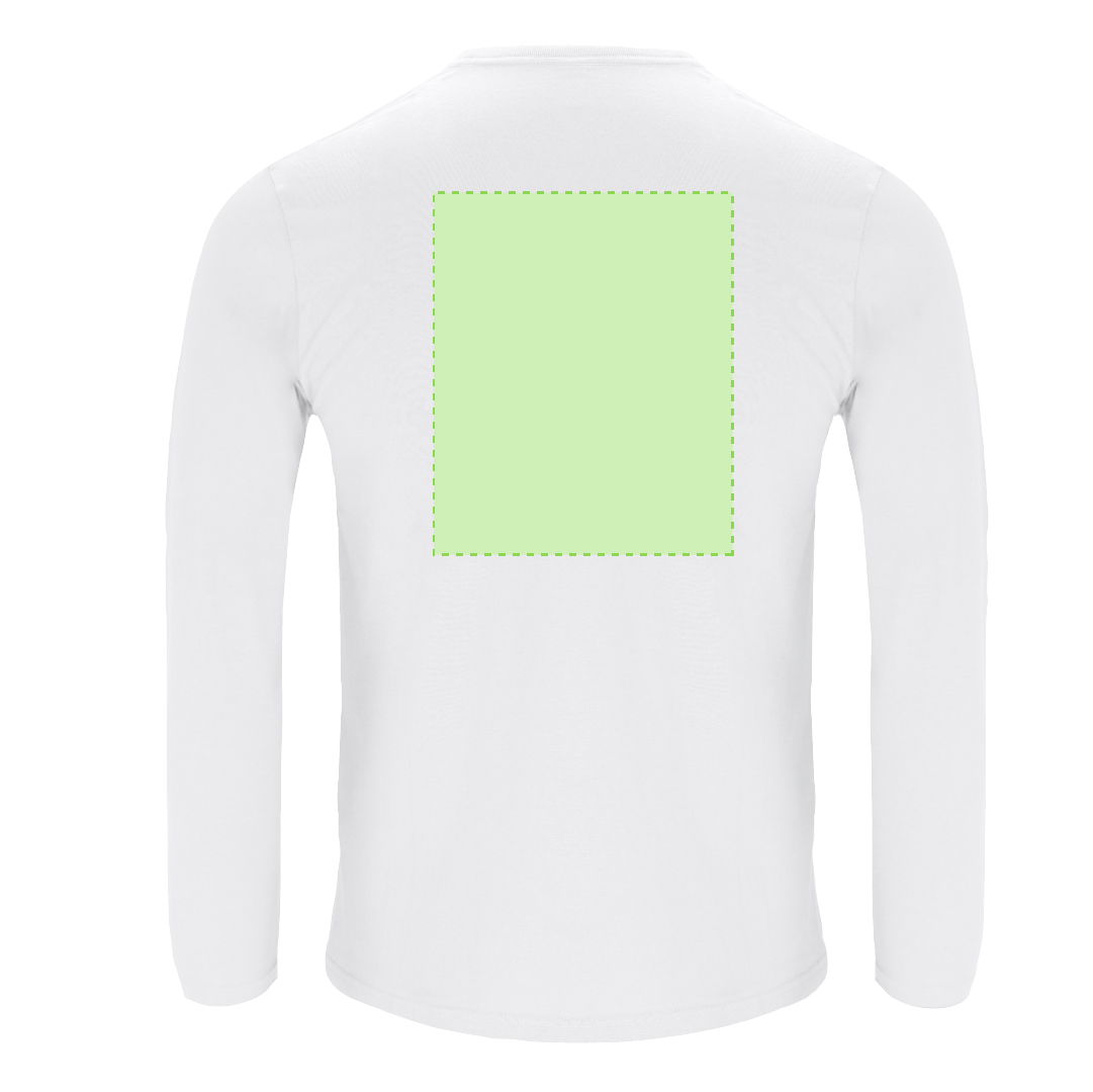 Camiseta Plint adulto manga larga blanca — 100% algodón Ring Spun 160 g/m², tubular con cuello canalé 1x1 y cubrecosturas reforzado