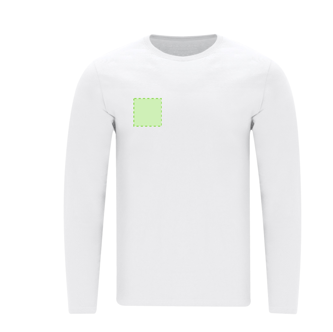 Camiseta Plint adulto manga larga blanca — 100% algodón Ring Spun 160 g/m², tubular con cuello canalé 1x1 y cubrecosturas reforzado