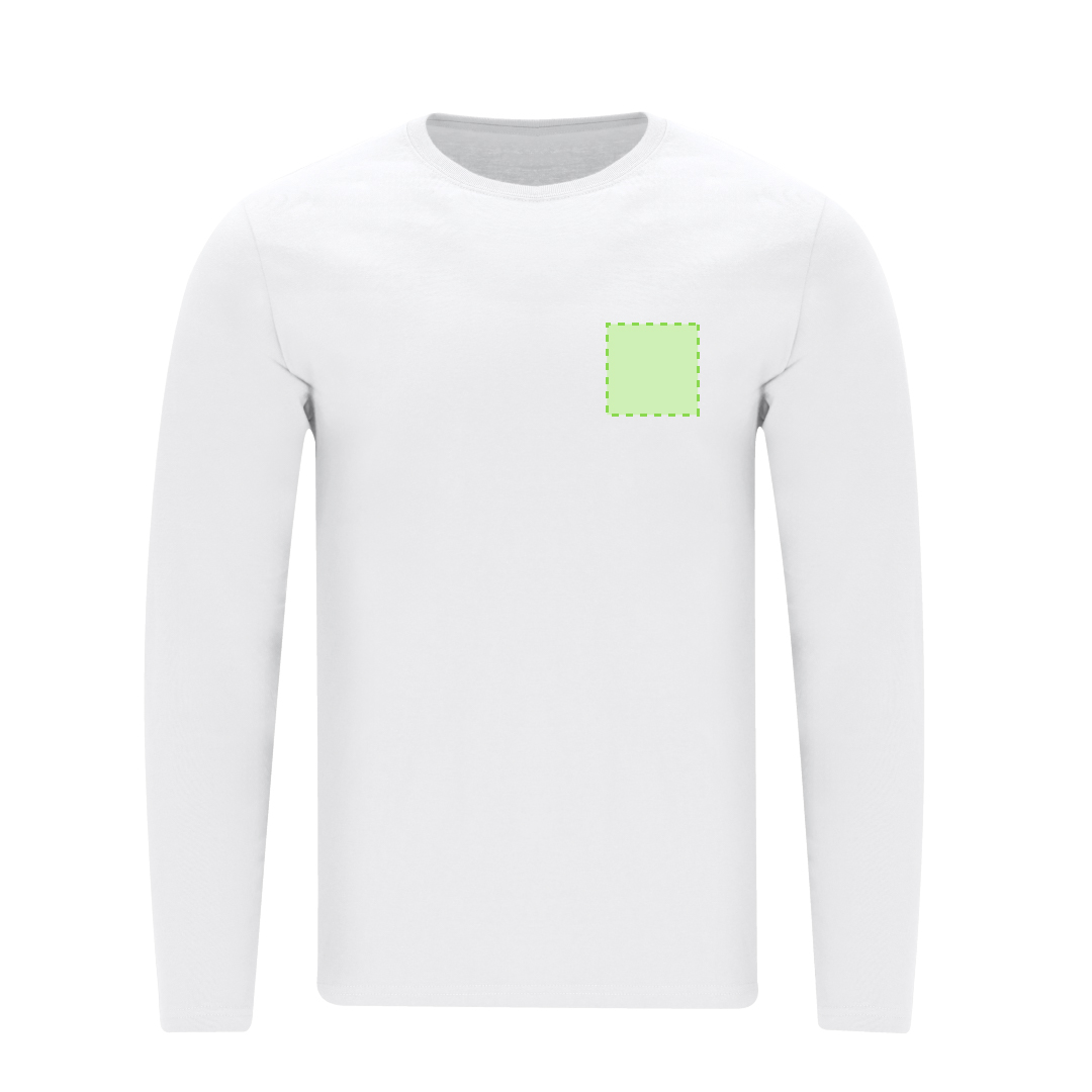 Camiseta Plint adulto manga larga blanca — 100% algodón Ring Spun 160 g/m², tubular con cuello canalé 1x1 y cubrecosturas reforzado