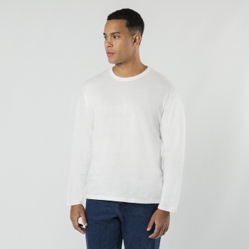 Camiseta Plint adulto manga larga blanca — 100% algodón Ring Spun 160 g/m², tubular con cuello canalé 1x1 y cubrecosturas reforzado