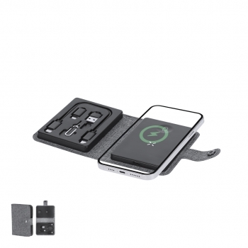 Cargador inalámbrico de Poliéster 300D RPET 15W con set de cables incluido