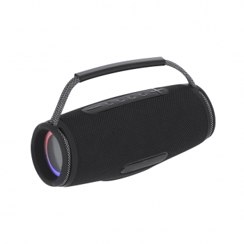 Altavoz estéreo Bluetooth 5.3 de 2×5W en tejido premium con LED multicolor 7 posiciones y asa trenzada bitono con agarre de silicona