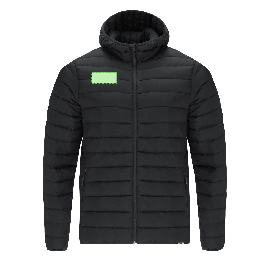 Chaqueta Dilax adulto RPET acolchada efecto pluma con capucha — resistente al agua y cortavientos, bolsillos cremallera, funda de transporte RPET