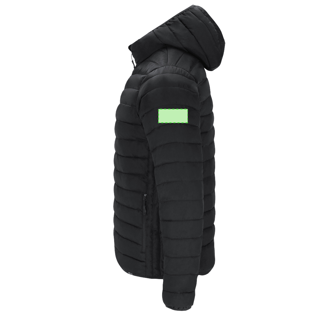 Chaqueta Dilax adulto RPET acolchada efecto pluma con capucha — resistente al agua y cortavientos, bolsillos cremallera, funda de transporte RPET
