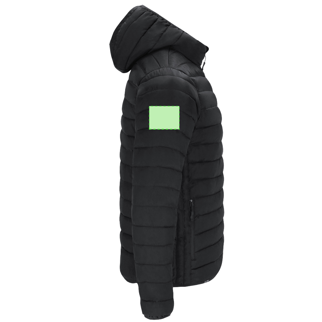 Chaqueta Dilax adulto RPET acolchada efecto pluma con capucha — resistente al agua y cortavientos, bolsillos cremallera, funda de transporte RPET