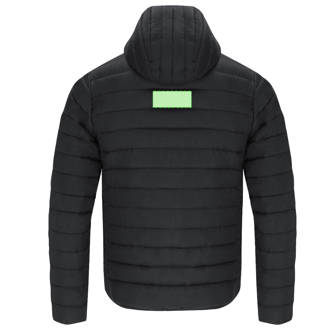 Chaqueta Dilax adulto RPET acolchada efecto pluma con capucha — resistente al agua y cortavientos, bolsillos cremallera, funda de transporte RPET