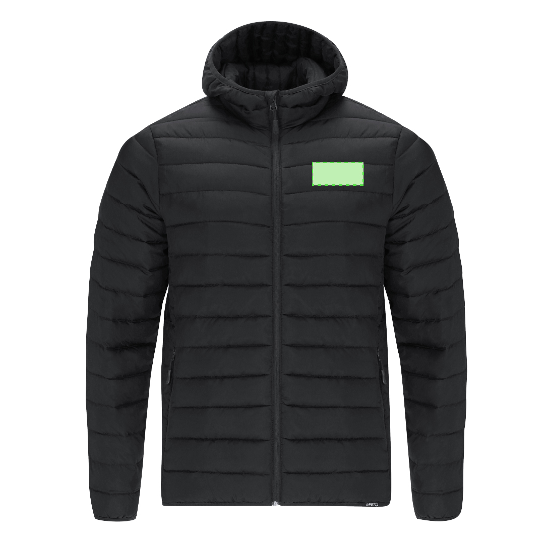 Chaqueta Dilax adulto RPET acolchada efecto pluma con capucha — resistente al agua y cortavientos, bolsillos cremallera, funda de transporte RPET