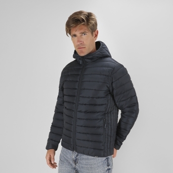 Chaqueta Dilax adulto RPET acolchada efecto pluma con capucha — resistente al agua y cortavientos, bolsillos cremallera, funda de transporte RPET