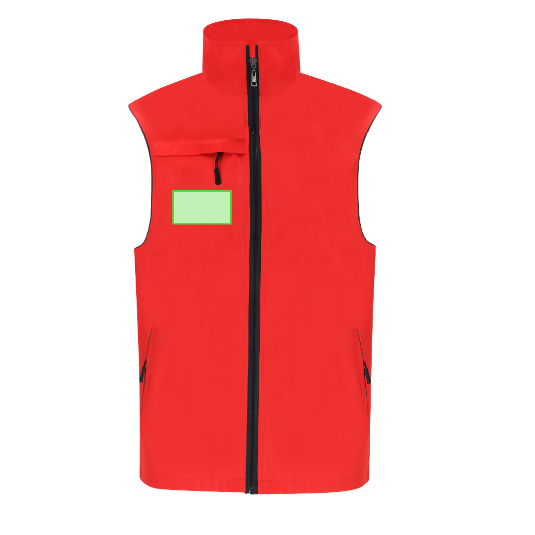 Chaleco Dervik adulto ligero transpirable — 100% poliéster 120 g/m², interior malla, bolsillo pecho + 2 laterales cremallera negra, media luna en cuello