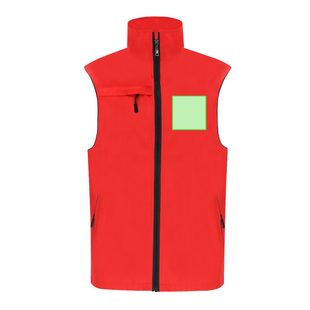Chaleco Dervik adulto ligero transpirable — 100% poliéster 120 g/m², interior malla, bolsillo pecho + 2 laterales cremallera negra, media luna en cuello