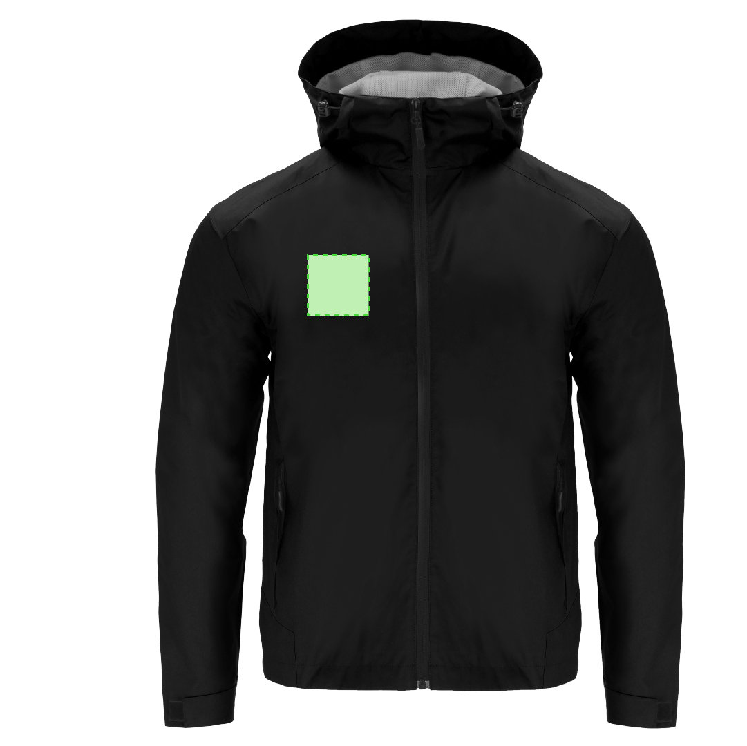 Parka Sarbon adulto — 100% poliéster resistente al agua, malla interior gris oscuro, capucha con cordón y ojales metálicos, bolsillo interior