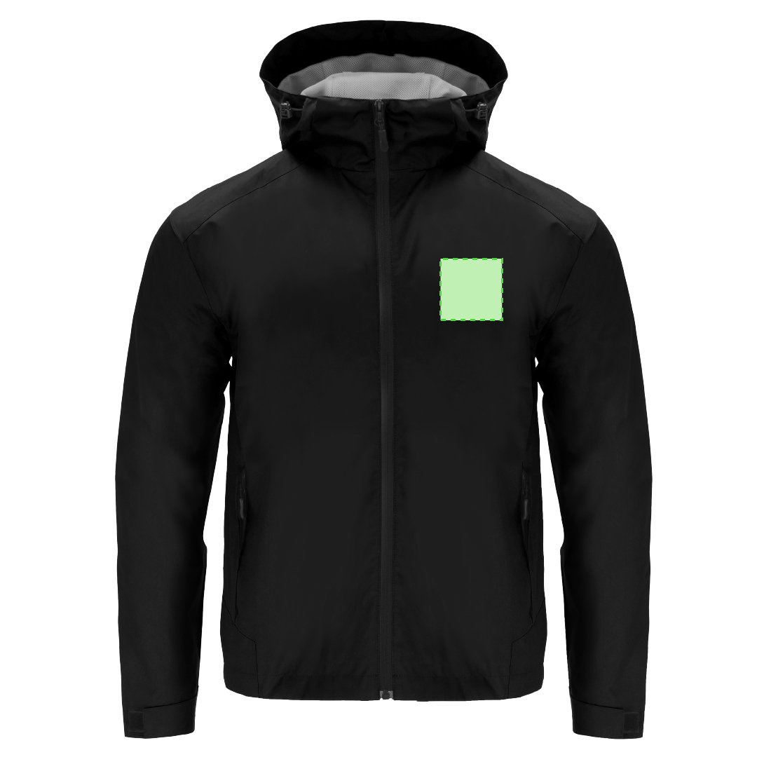 Parka Sarbon adulto — 100% poliéster resistente al agua, malla interior gris oscuro, capucha con cordón y ojales metálicos, bolsillo interior