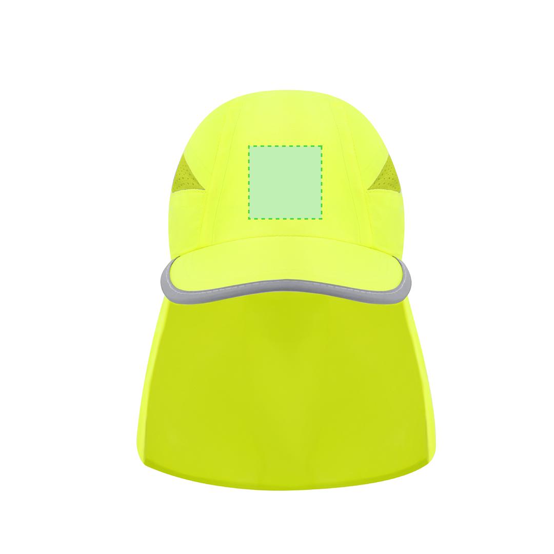 Gorra deportiva de poliéster fluorescente con perfil reflectante en visera, solapa protectora de cuello y cierre elástico