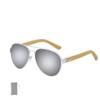 Gafas de sol UV400 con varillas de bambú natural y montura de metal — lentes efecto espejo con funda de microfibra individual