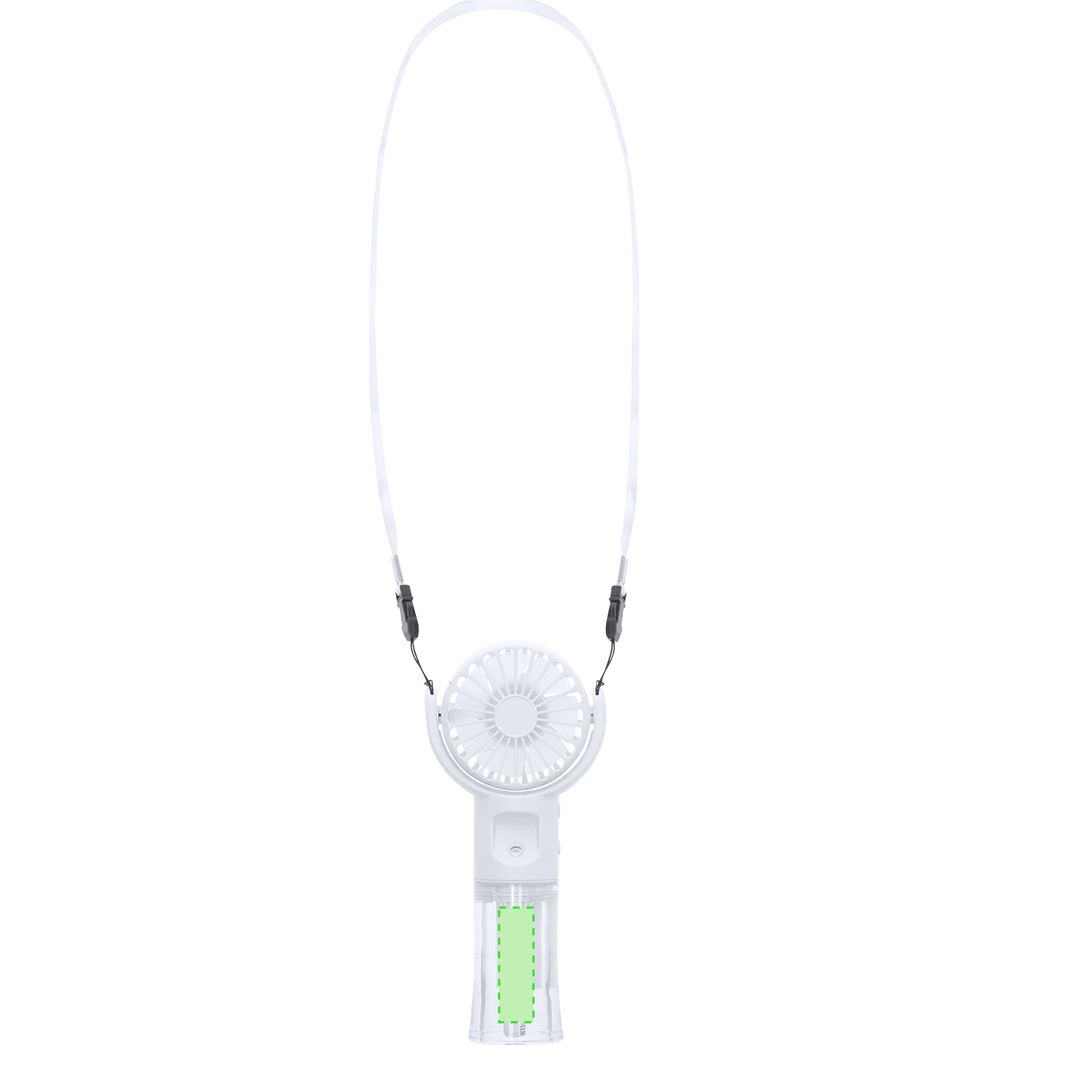 Ventilador vaporizador recargable con 4 velocidades, depósito de 20 ml, cabeza orientable y batería de 800 mAh USB-C con lanyard — 7,5x16,2 cm