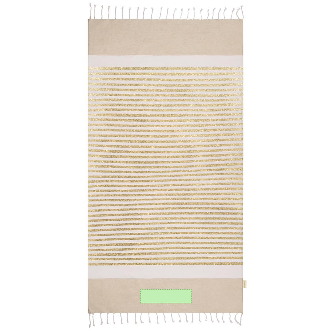 Pareo toalla de algodón reciclado 180 g/m² (180x90 cm) con rayas doradas efecto glitter y flecos de cordón