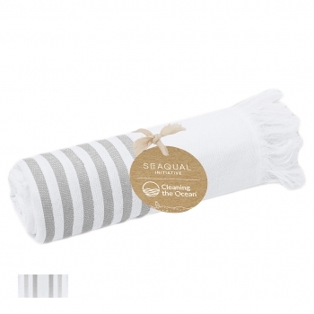Pareo toalla de algodón reciclado y poliéster reciclado SEAQUAL® 300 g/m² (170x100 cm) con rayas y flecos