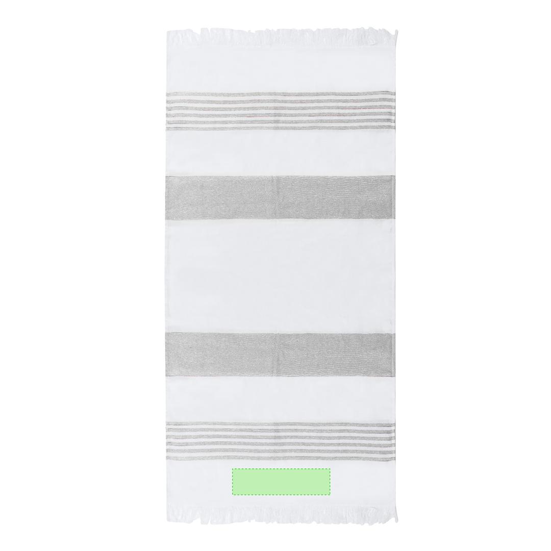 Pareo toalla de algodón reciclado y poliéster reciclado SEAQUAL® 300 g/m² en formato pequeño 140x70 cm con rayas y flecos