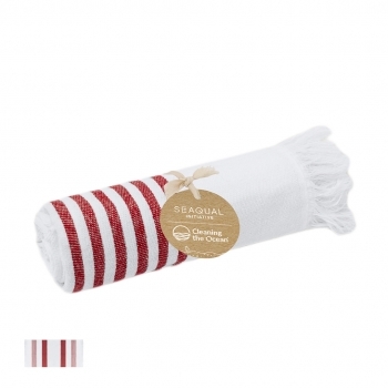 Pareo toalla de algodón reciclado y poliéster reciclado SEAQUAL® 300 g/m² en formato pequeño 140x70 cm con rayas y flecos