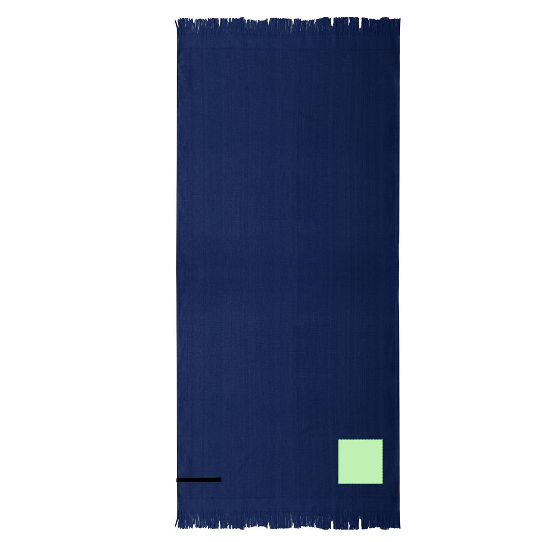 Toalla de algodón 290 g/m² (150x70 cm) con flecos en los extremos y cinta elástica para transporte