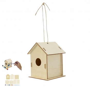 Caseta colgante para pájaros de madera natural con 6 pinturas y pincel