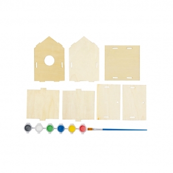 Caseta colgante para pájaros de madera natural con 6 pinturas y pincel