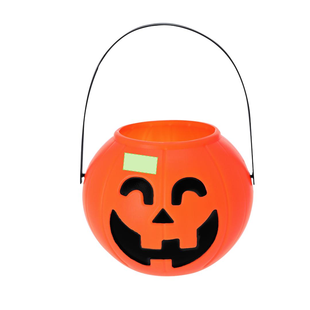 Cesta temática de Halloween con diseño de calabaza y asa para llevar al truco o trato