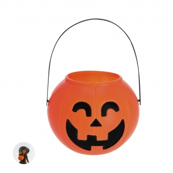 Cesta temática de Halloween con diseño de calabaza y asa para llevar al truco o trato