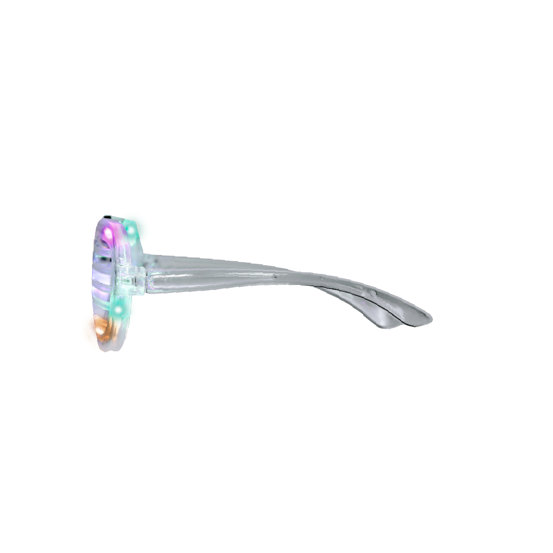 Gafas luminosas con 6 LEDs integrados, montura transparente, lentes de rejilla y 2 modos — fijo y parpadeo