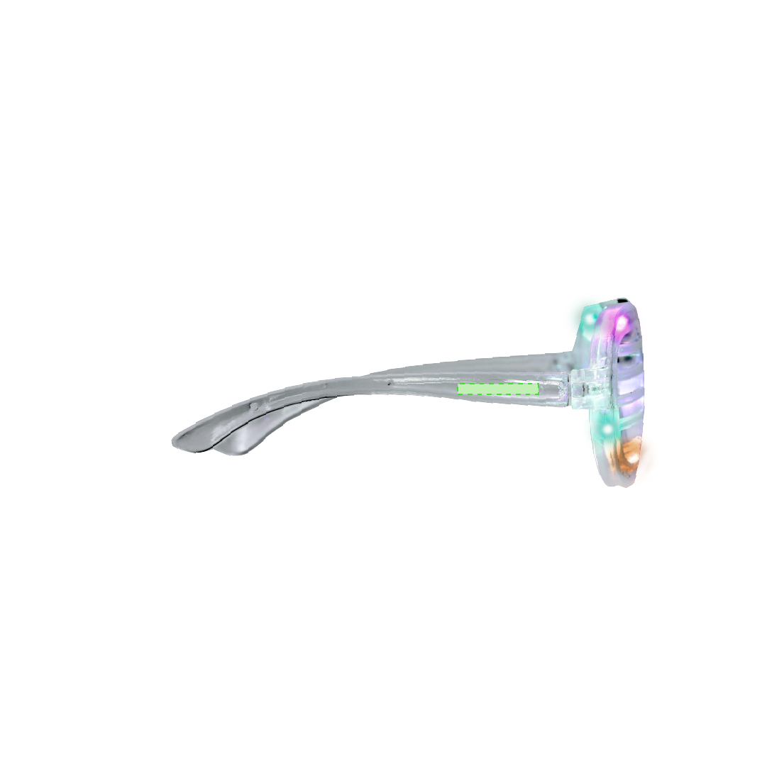 Gafas luminosas con 6 LEDs integrados, montura transparente, lentes de rejilla y 2 modos — fijo y parpadeo