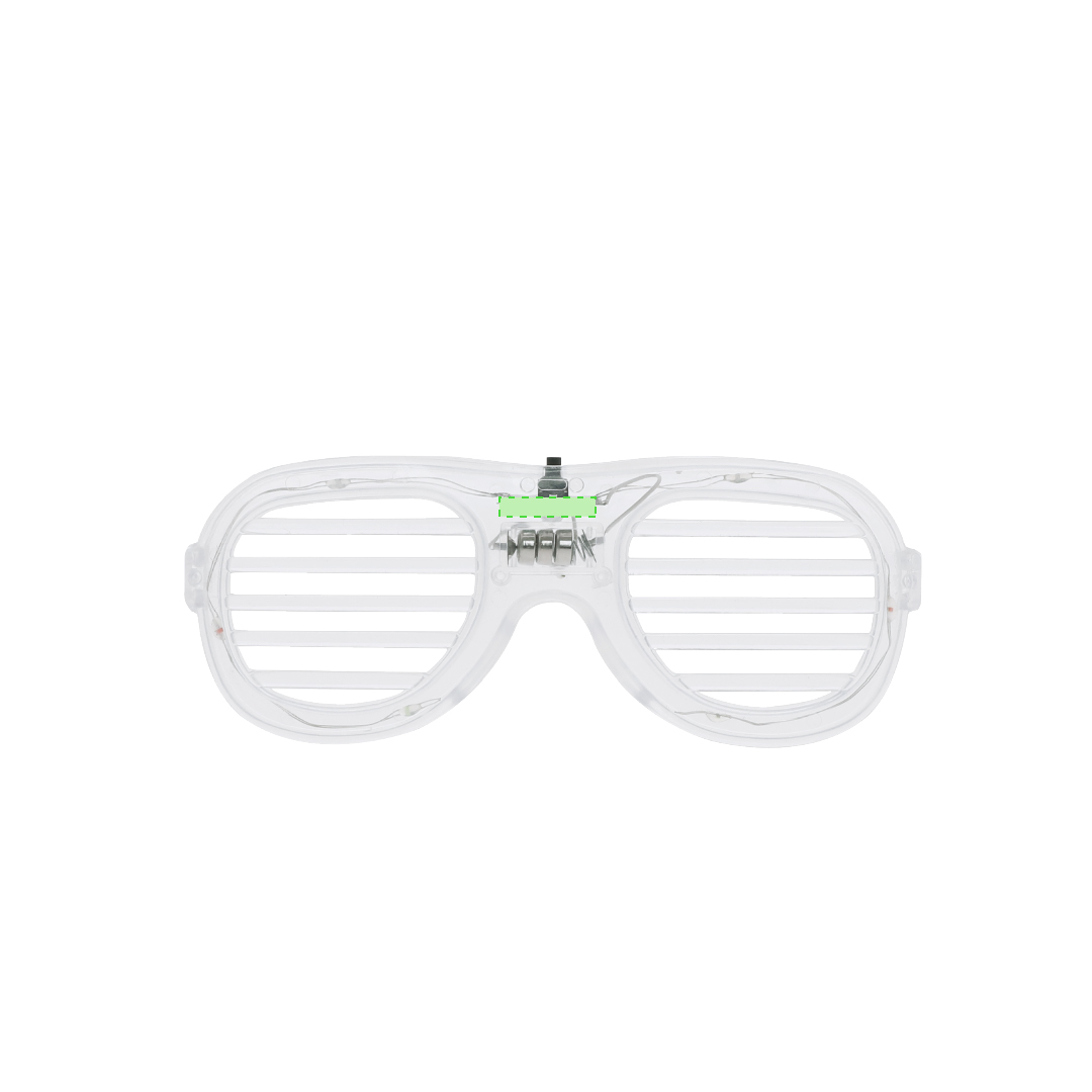 Gafas luminosas con 6 LEDs integrados, montura transparente, lentes de rejilla y 2 modos — fijo y parpadeo