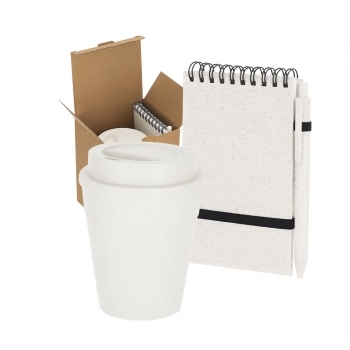 Set de bienvenida eco con vaso de PP y bloc de notas de caña de trigo