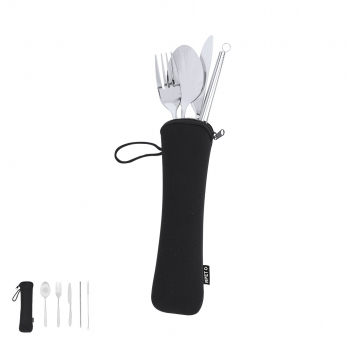 Set 5 cubiertos de acero inox con pajita reutilizable — funda Soft Shell RPET con cremallera